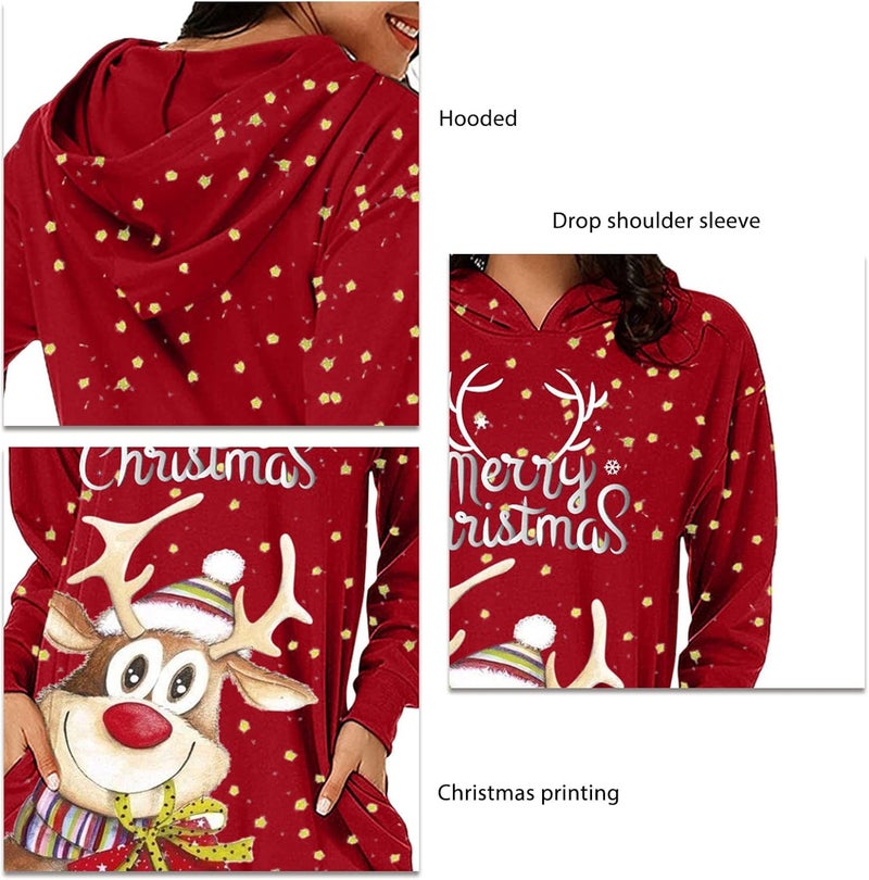 woobles Hoodie Dress, Womens Hoodie Dress Christmas Pattern Print Polyester Casual for Shopping - Image 4